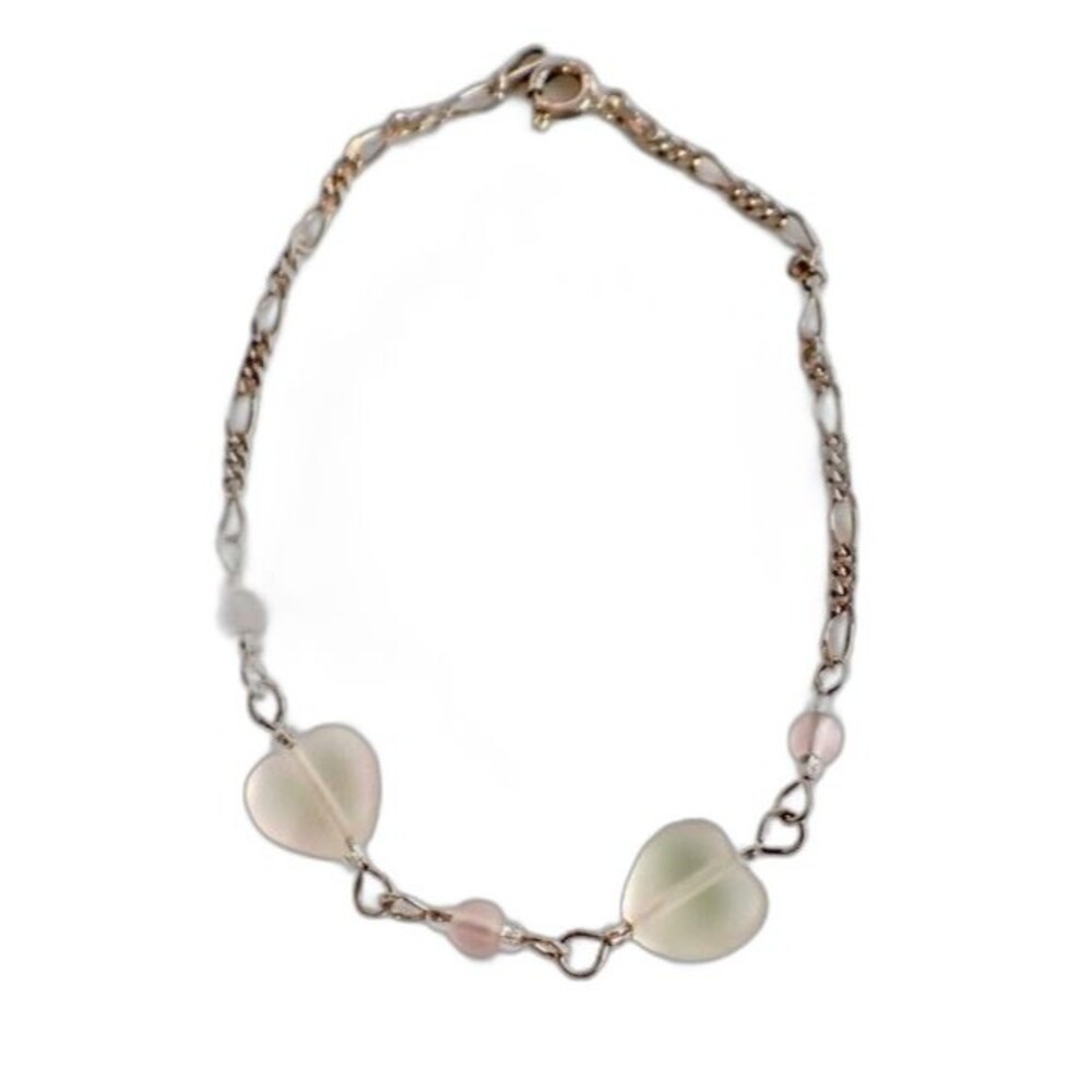 Sterling Silver Chain Link Glass Heart Beaded Bracelet Dainty Made in Italy 8"